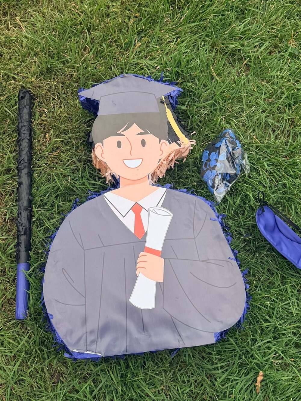 Graduation Boy Piñata Set with Stick and Blindfold